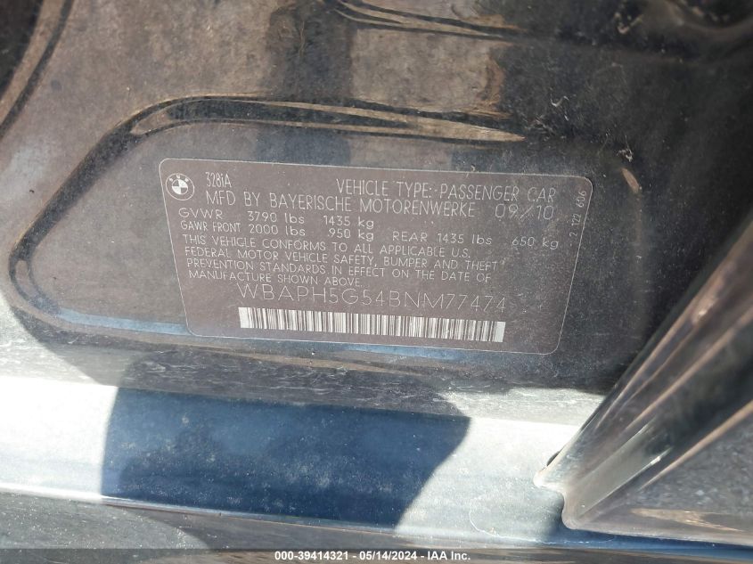 2011 BMW 328I VIN: WBAPH5G54BNM77474 Lot: 39414321