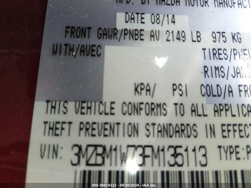 2015 Mazda Mazda3 Grand Touring VIN: 3MZBM1W73FM135113 Lot: 39414322