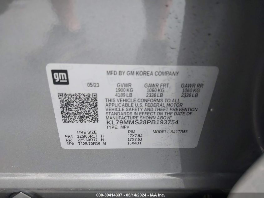 2023 Chevrolet Trailblazer Fwd Ls VIN: KL79MMS28PB193754 Lot: 39414337