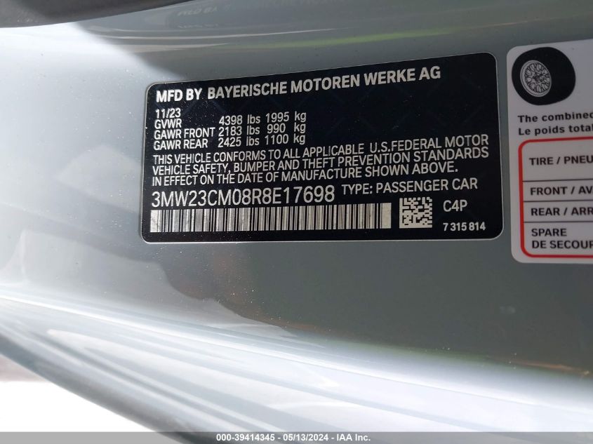 2024 BMW 230 I VIN: 3MW23CM08R8E17698 Lot: 39414345