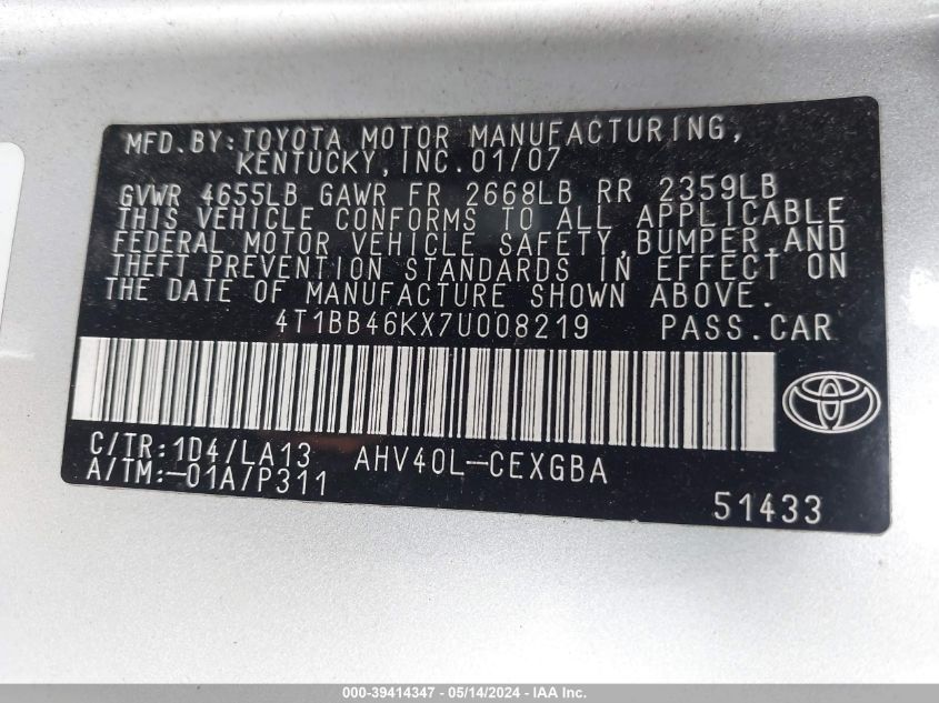 2007 Toyota Camry Hybrid VIN: 4T1BB46KX7U008219 Lot: 39414347