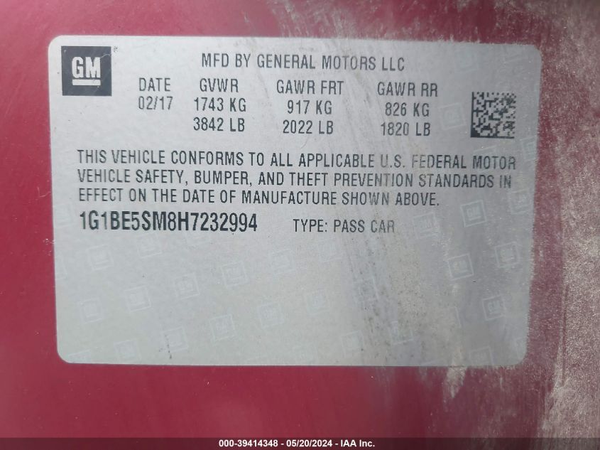 2017 Chevrolet Cruze Lt Auto VIN: 1G1BE5SM8H7232994 Lot: 39414348