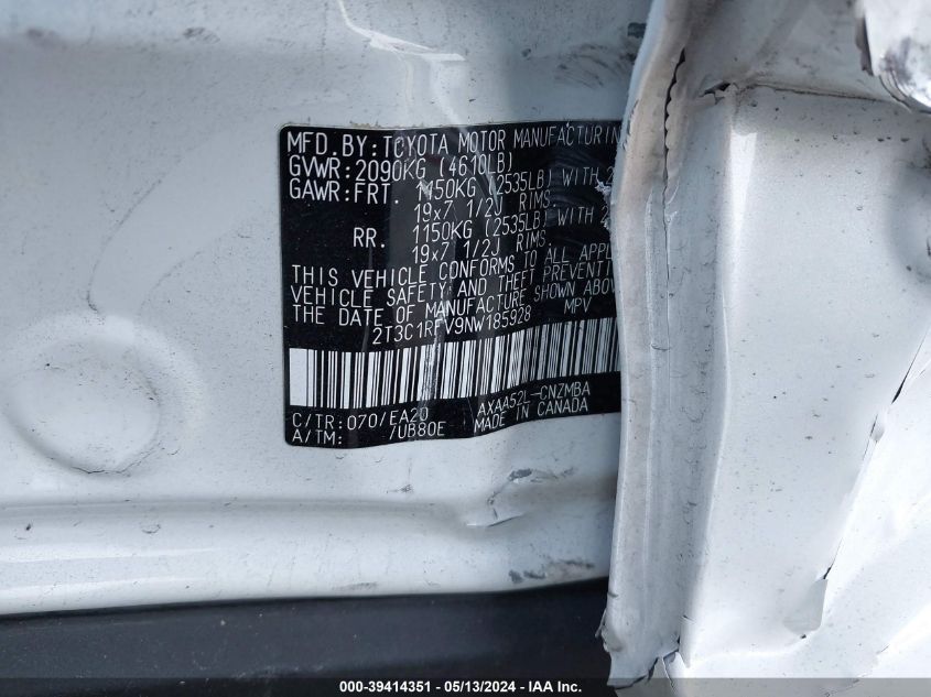 2022 Toyota Rav4 Xle Premium VIN: 2T3C1RFV9NW185928 Lot: 39414351