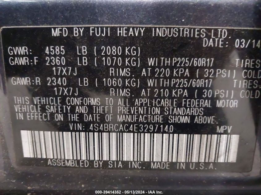 2014 Subaru Outback 2.5I VIN: 4S4BRCAC4E3297140 Lot: 39414352