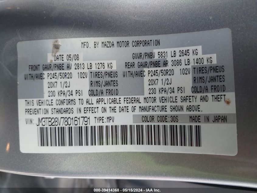 2008 Mazda Cx-9 VIN: JM3TB28V780161791 Lot: 39414368