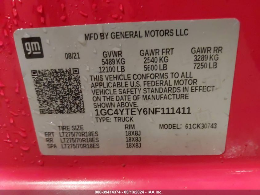 2022 Chevrolet Silverado 3500Hd 4Wd Standard Bed Lt VIN: 1GC4YTEY6NF111411 Lot: 39414374