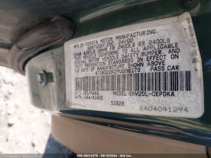 2000 Toyota Camry Ce VIN: 4T1BG22K2YU996173 Lot: 39414379