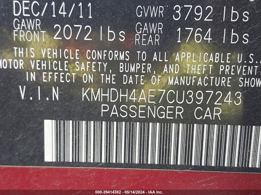 2012 Hyundai Elantra Limited (Ulsan Plant) VIN: KMHDH4AE7CU397243 Lot: 39414382