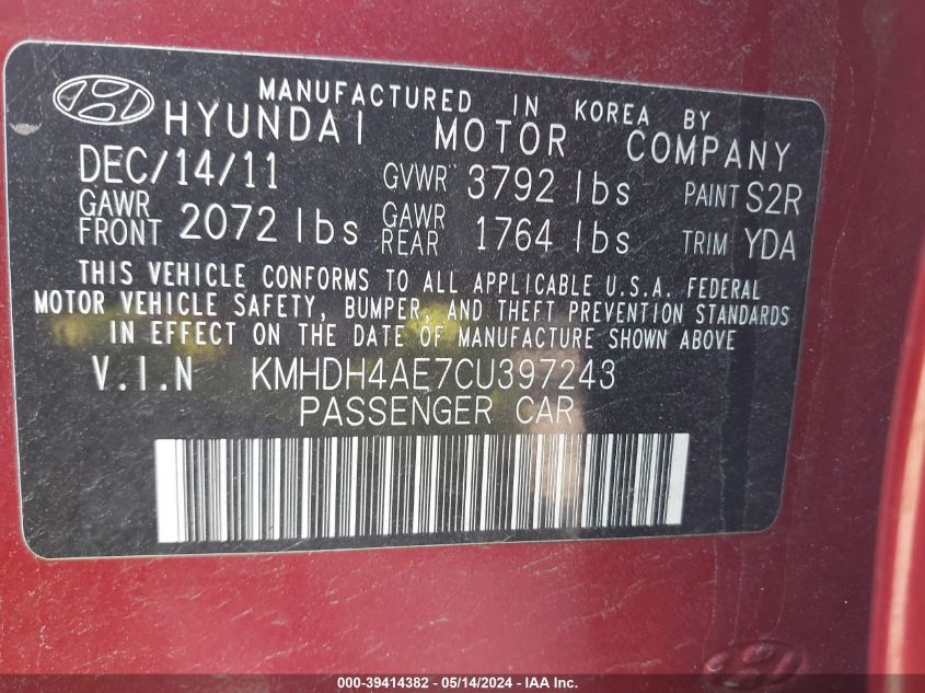 2012 Hyundai Elantra Limited (Ulsan Plant) VIN: KMHDH4AE7CU397243 Lot: 39414382