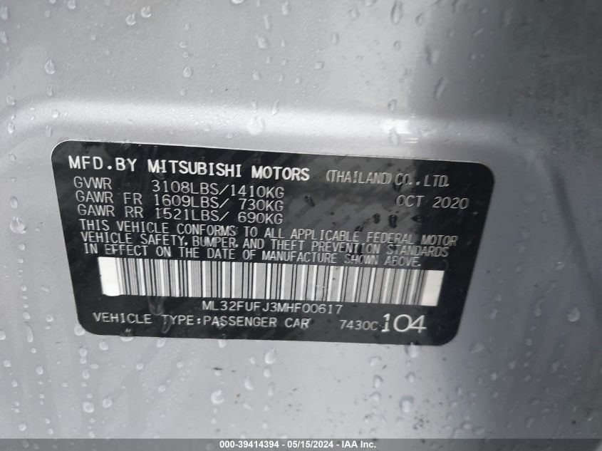 2021 Mitsubishi Mirage G4 Carbonite Edition/Es/Le VIN: ML32FUFJ3MHF00617 Lot: 39414394