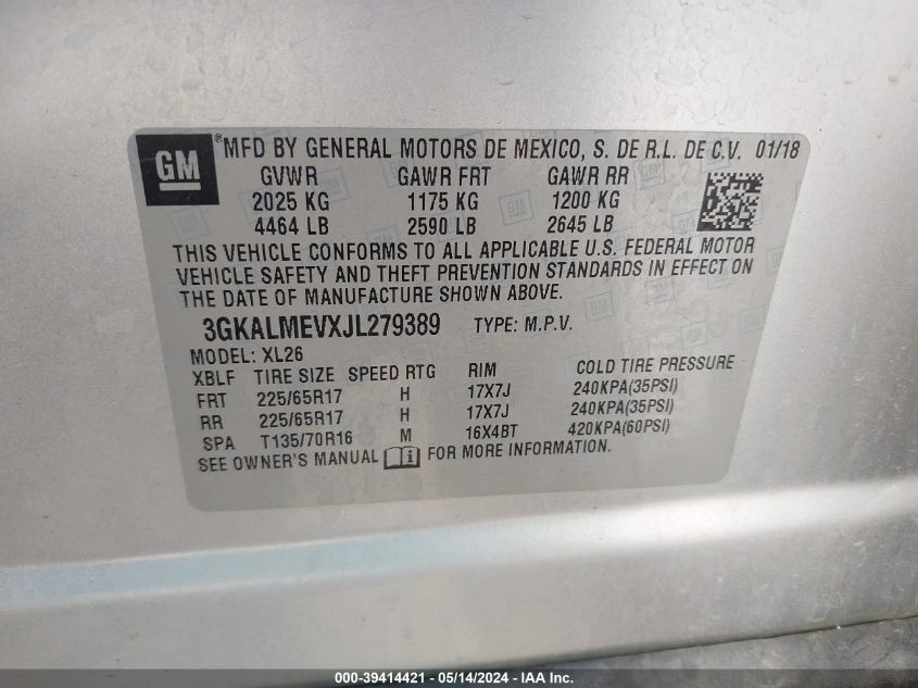 2018 GMC Terrain Sle VIN: 3GKALMEVXJL279389 Lot: 39414421