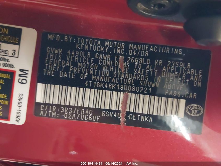 2009 Toyota Camry Le V6 VIN: 4T1BK46K19U080221 Lot: 39414434