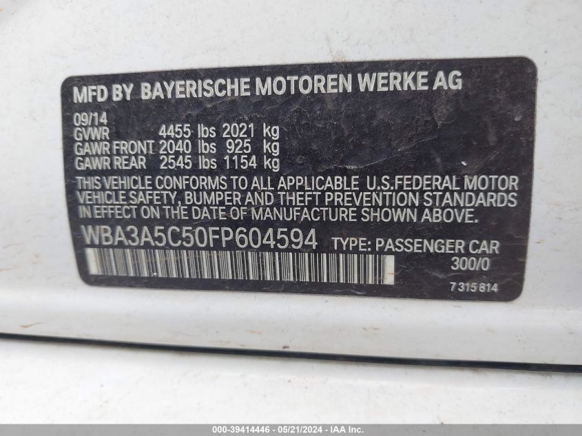 2015 BMW 328I VIN: WBA3A5C50FP604594 Lot: 39414446