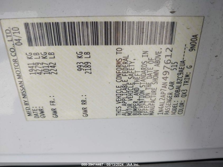 2010 Nissan Altima 2.5 S VIN: 1N4AL2AP7AN497612 Lot: 39414467