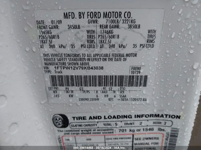 2009 Ford F-150 King Ranch/Lariat/Platinum/Xl/Xlt VIN: 1FTPW12V79KB43038 Lot: 39414468