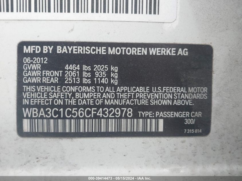 2012 BMW 328 I Sulev VIN: WBA3C1C56CF432978 Lot: 39414473