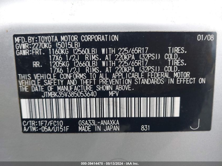 2008 Toyota Rav4 Base V6 VIN: JTMBK35V385053640 Lot: 39414475