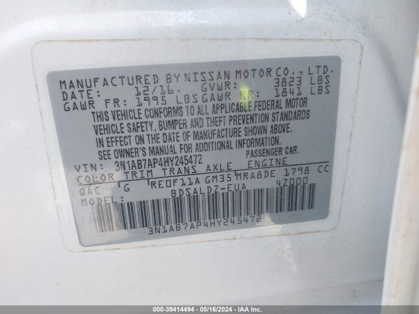 2017 Nissan Sentra Sv VIN: 3N1AB7AP4HY245472 Lot: 39414494