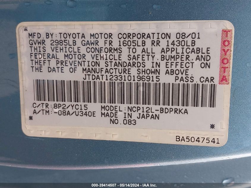 2001 Toyota Echo VIN: JTDAT123310196915 Lot: 39414507