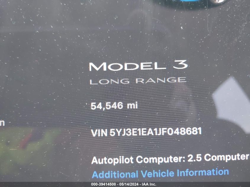 2018 Tesla Model 3 Long Range/Mid Range VIN: 5YJ3E1EA1JF048681 Lot: 39414508