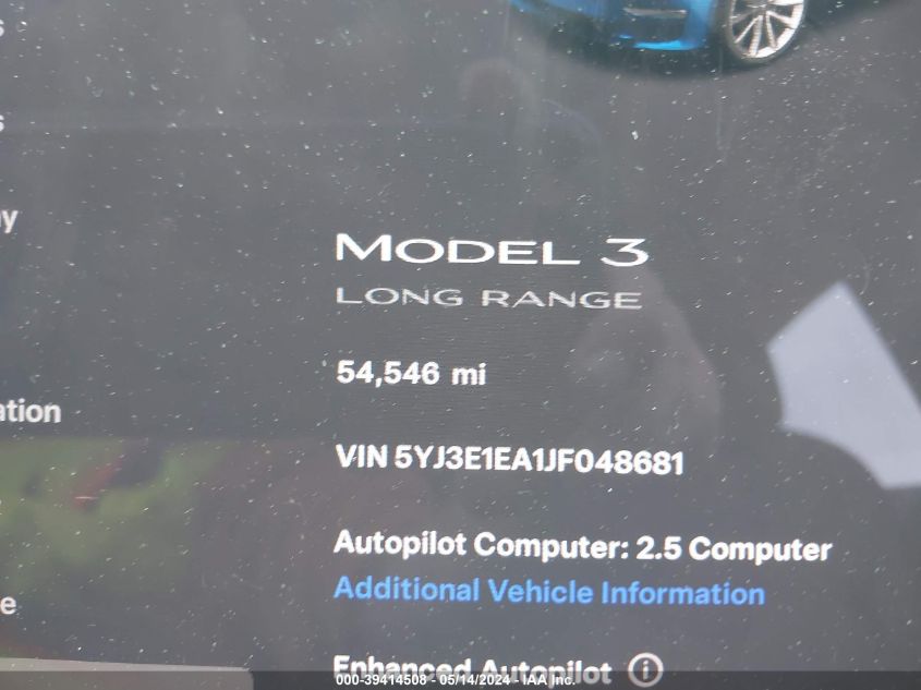 2018 Tesla Model 3 Long Range/Mid Range VIN: 5YJ3E1EA1JF048681 Lot: 39414508