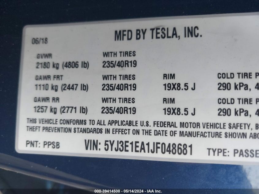 2018 Tesla Model 3 Long Range/Mid Range VIN: 5YJ3E1EA1JF048681 Lot: 39414508