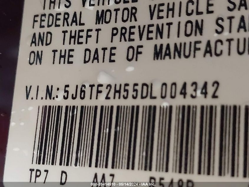 2013 Honda Crosstour Ex-L V6 VIN: 5J6TF2H55DL004342 Lot: 39414510