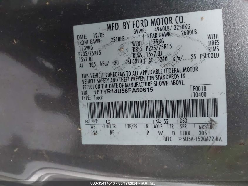 2006 Ford Ranger Super Cab VIN: 1FTYR14U56PA50615 Lot: 39414513