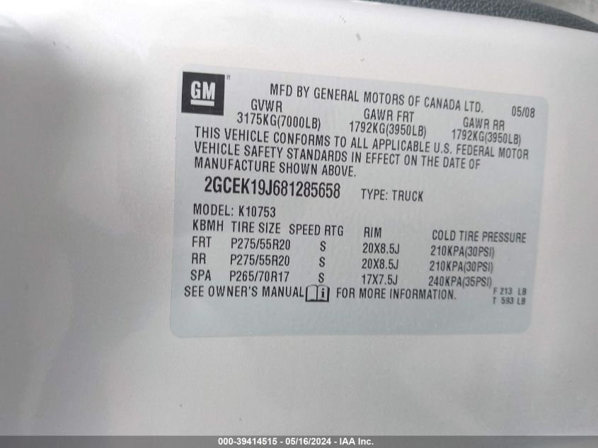 2008 Chevrolet Silverado 1500 Lt1 VIN: 2GCEK19J681285658 Lot: 39414515