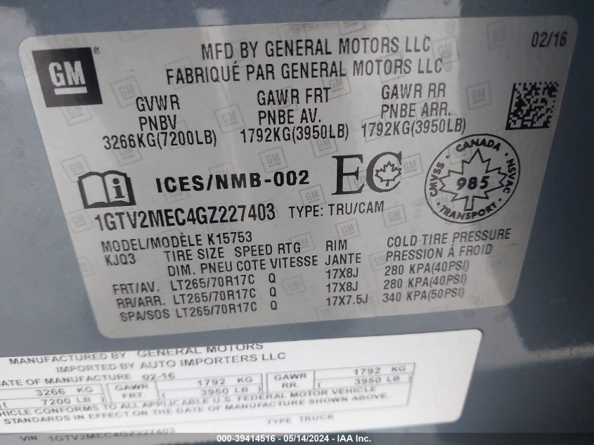 2016 GMC SIERRA 1500 SLE - 1GTV2MEC4GZ227403