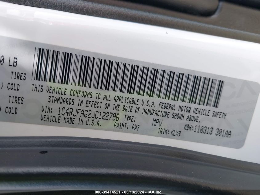 2018 Jeep Grand Cherokee Altitude 4X4 VIN: 1C4RJFAG2JC122796 Lot: 39414521