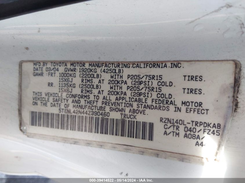 2004 Toyota Tacoma VIN: 5TENL42N44Z390460 Lot: 39414522