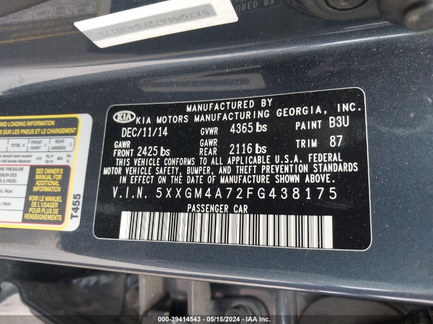 2015 Kia Optima Lx VIN: 5XXGM4A72FG438175 Lot: 39414543