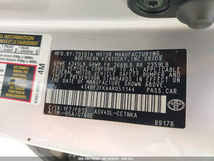 2010 Toyota Camry Le VIN: 4T4BF3EK4AR051144 Lot: 39414545