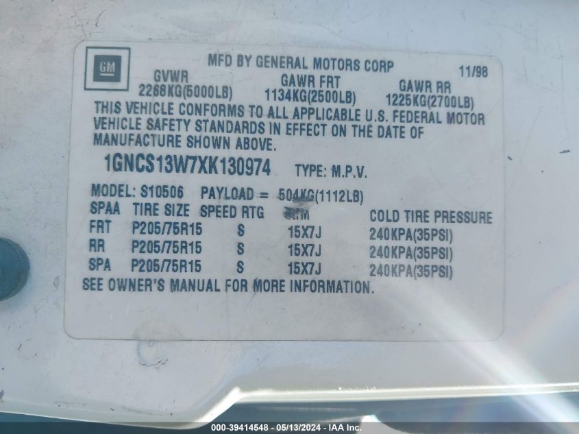 1999 Chevrolet Blazer VIN: 1GNCS13W7XK130974 Lot: 39414548