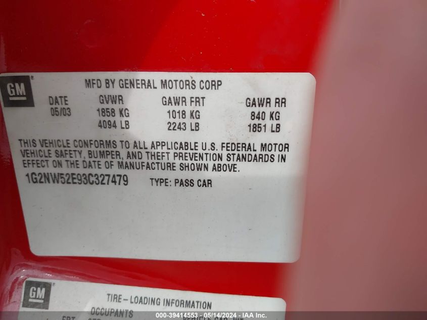 2003 Pontiac Grand Am Gt VIN: 1G2NW52E93C327479 Lot: 39414553