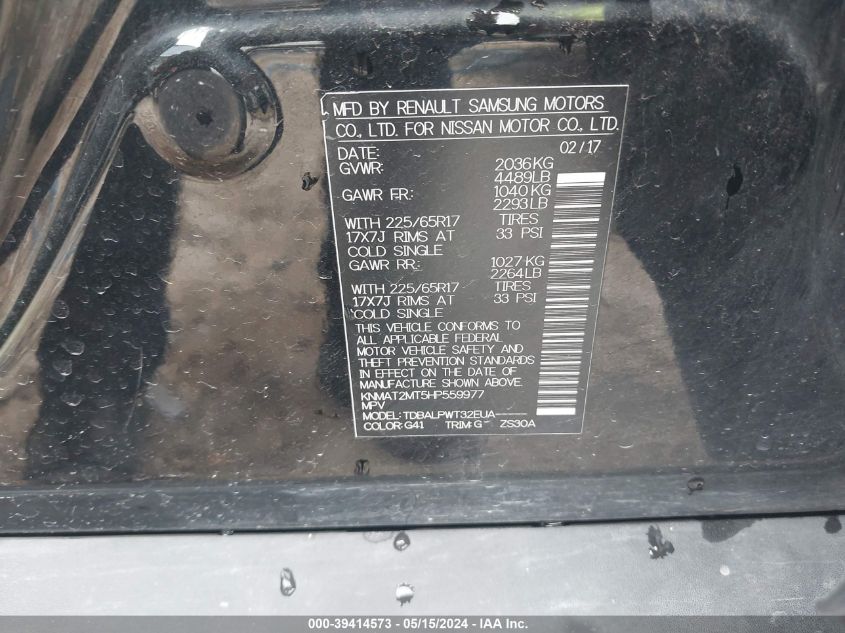 2017 Nissan Rogue S VIN: KNMAT2MT5HP559977 Lot: 39414573