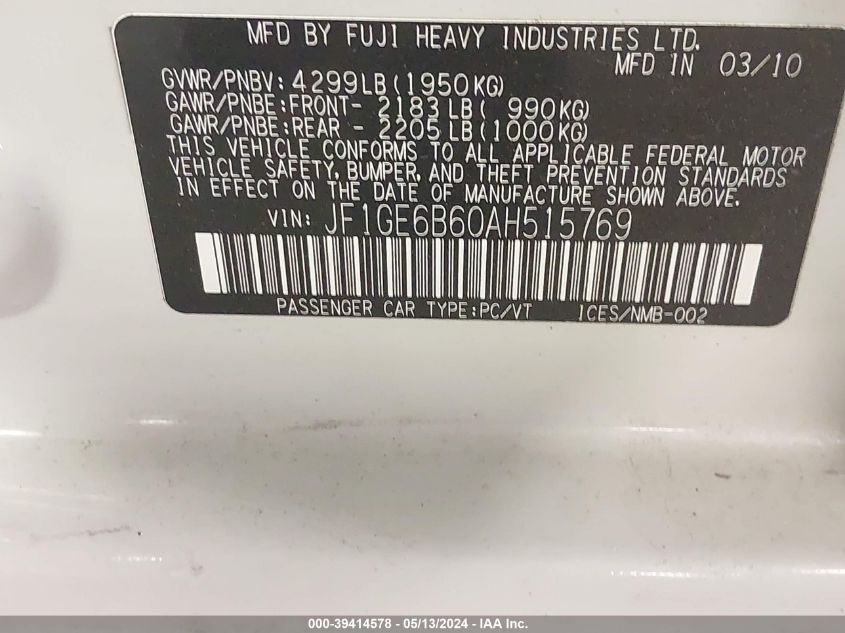 2010 Subaru Impreza 2.5I Premium VIN: JF1GE6B60AH515769 Lot: 39414578