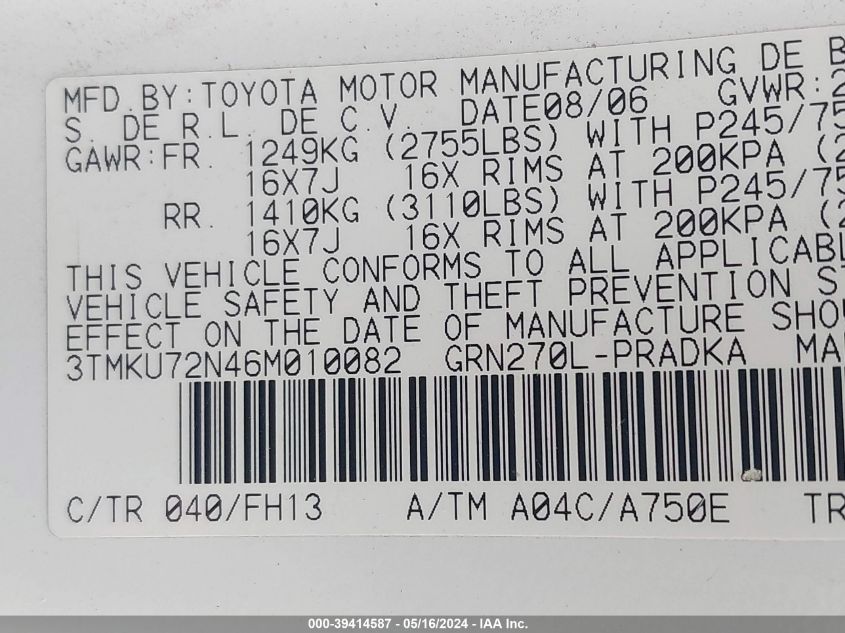 2006 Toyota Tacoma Prerunner V6 VIN: 3TMKU72N46M010082 Lot: 39414587