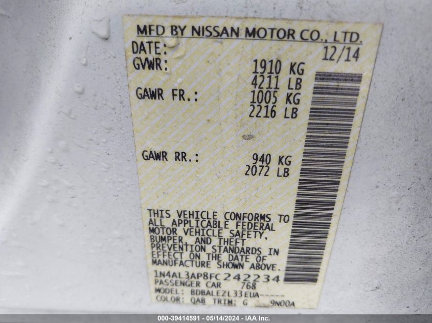 2015 Nissan Altima 2.5/2.5 S/2.5 Sl/2.5 Sv VIN: 1N4AL3AP8FC242234 Lot: 39414591