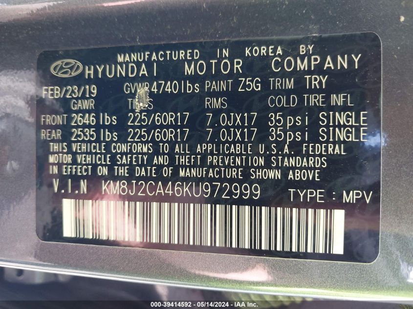 2019 Hyundai Tucson Se VIN: KM8J2CA46KU972999 Lot: 39414592