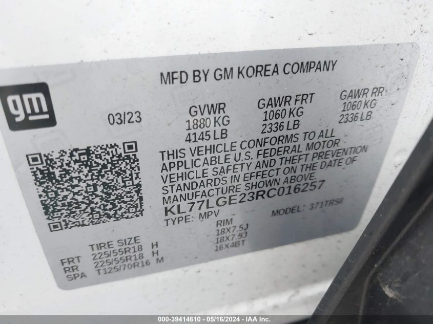 2024 Chevrolet Trax Fwd 1Rs VIN: KL77LGE23RC016257 Lot: 39414610