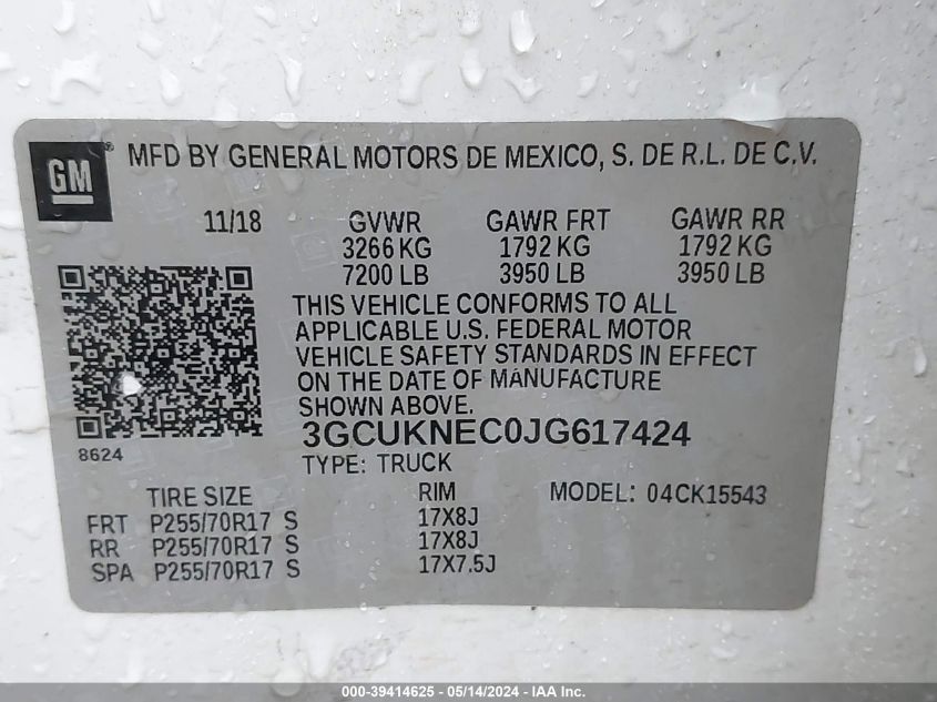 2018 Chevrolet Silverado 1500 Wt VIN: 3GCUKNEC0JG617424 Lot: 39414625