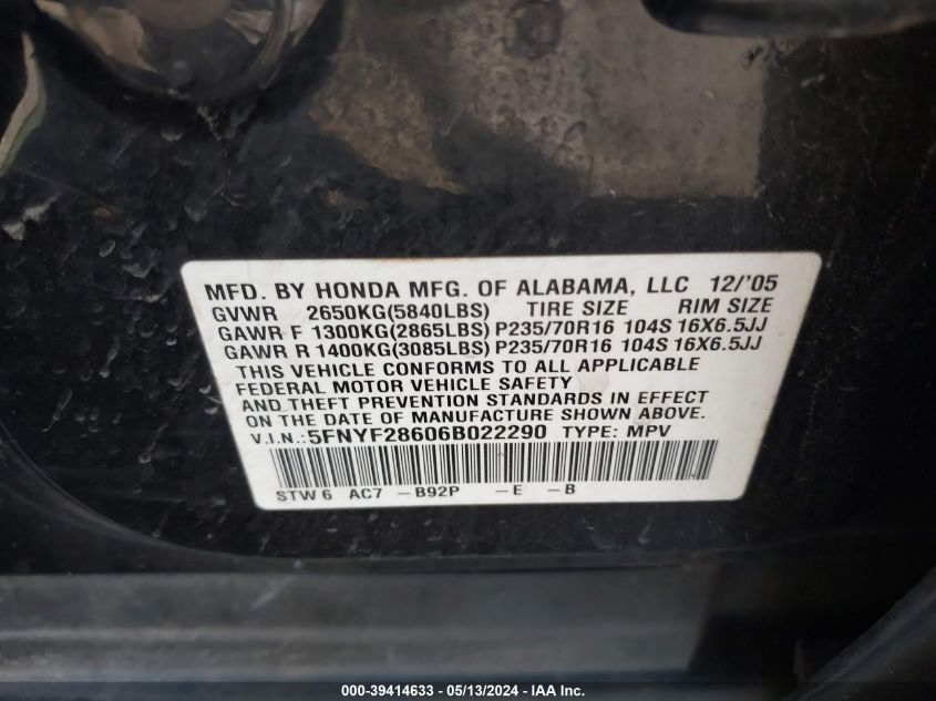 2006 Honda Pilot Ex-L VIN: 5FNYF28606B022290 Lot: 39414633