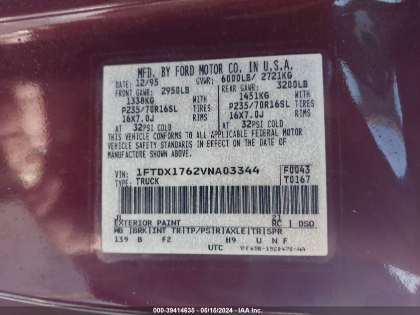 1997 Ford F150 VIN: 1FTDX1762VNA03344 Lot: 39414635
