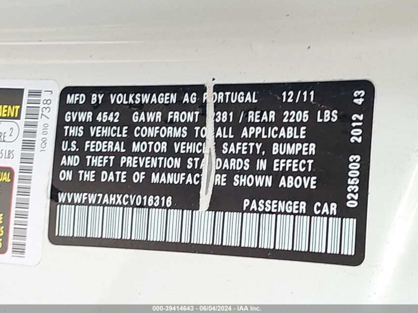 2012 Volkswagen Eos Executive VIN: WVWFW7AHXCV016316 Lot: 39414643
