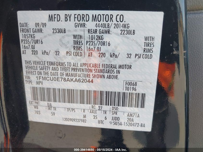 2010 Ford Escape Limited VIN: 1FMCU0E78AKA62044 Lot: 39414650