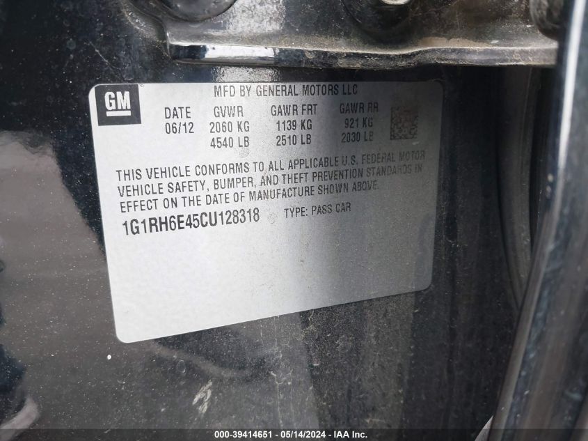 2012 Chevrolet Volt VIN: 1G1RH6E45CU128318 Lot: 39414651