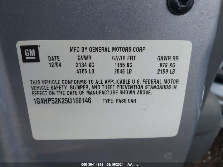 2005 Buick Lesabre Custom VIN: 1G4HP52K25U190146 Lot: 39414656