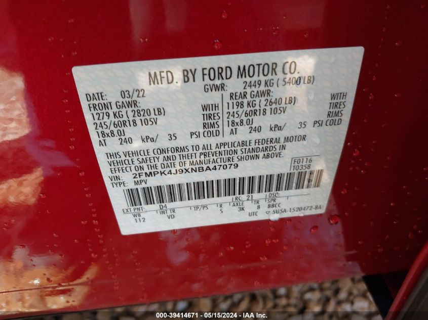 2022 Ford Edge Sel VIN: 2FMPK4J9XNBA47079 Lot: 39414671